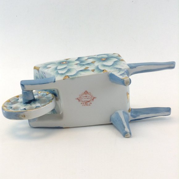 Vintage Shofu China Wheelbarrow Planter Blue/White Flowers w/Gold Made in Japan - Picture 7 of 15